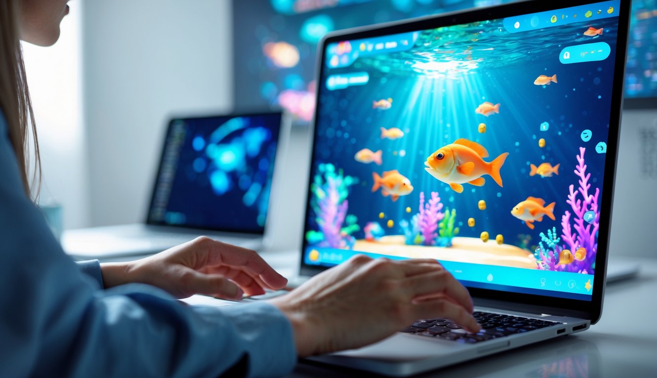 Seseorang sedang bermain permainan tembak ikan online di komputer di ruang kerja modern.