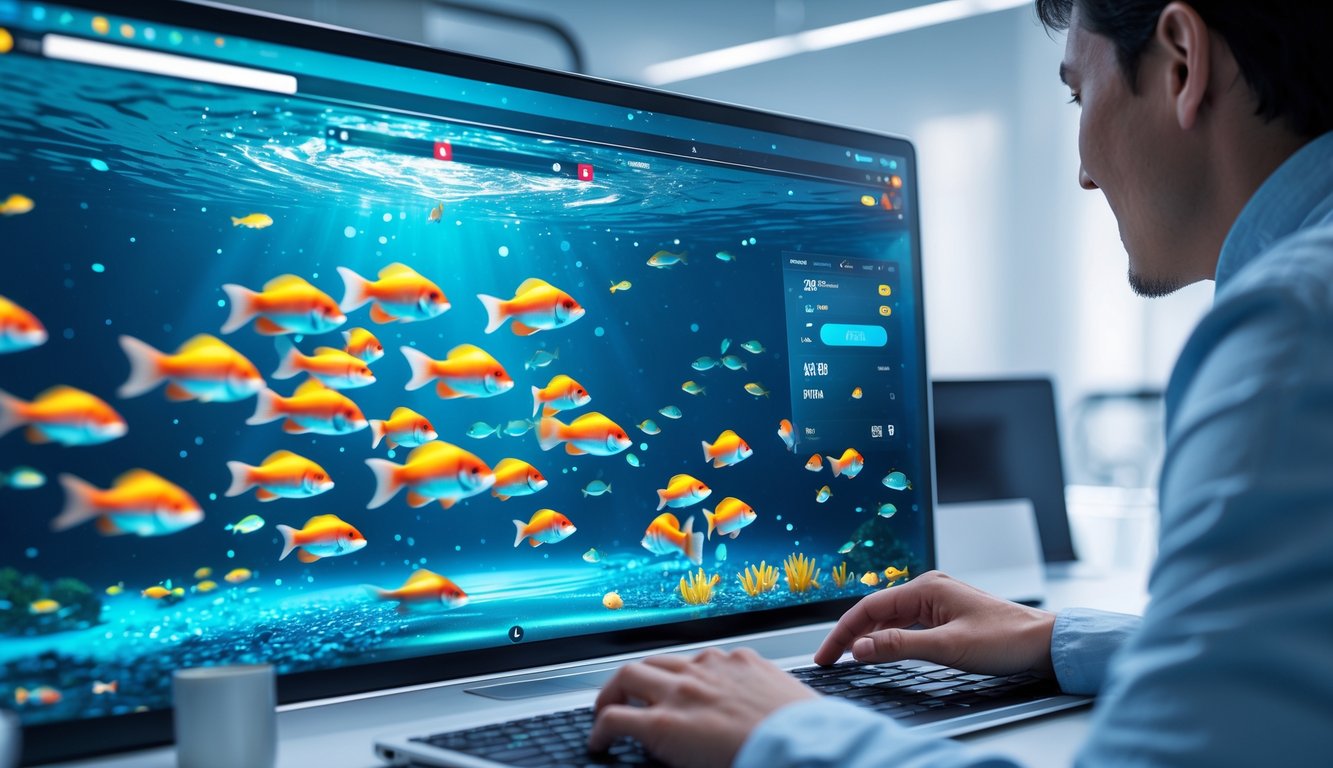 Seseorang menggunakan perangkat digital dengan tampilan permainan ikan yang berwarna-warni di layar, menunjukkan suasana permainan online yang menyenangkan dan terpercaya.