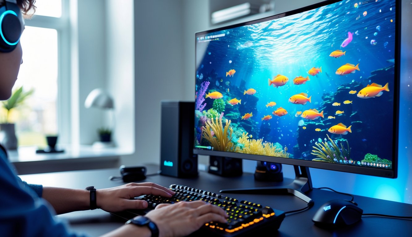 Seseorang sedang bermain game tembak ikan online di komputer dengan tampilan ikan berwarna-warni di layar dalam ruangan kantor rumah yang rapi.