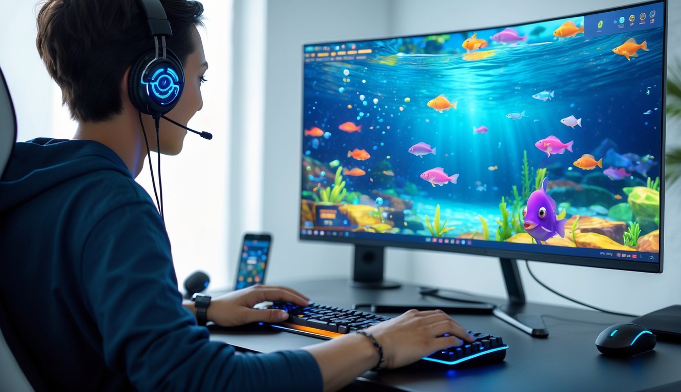 Seseorang sedang bermain permainan tembak ikan online di komputer dengan layar menampilkan berbagai ikan berwarna-warni di bawah laut.