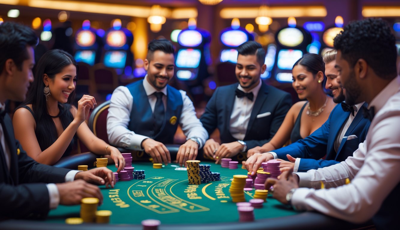 Beberapa pemain berjudi di meja poker kasino yang ramai dengan dealer membagikan kartu di tengah ruangan kasino yang mewah.