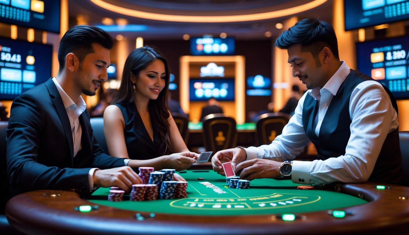 Dua pemain dan seorang dealer sedang bermain poker di meja kasino dengan layar digital di latar belakang.