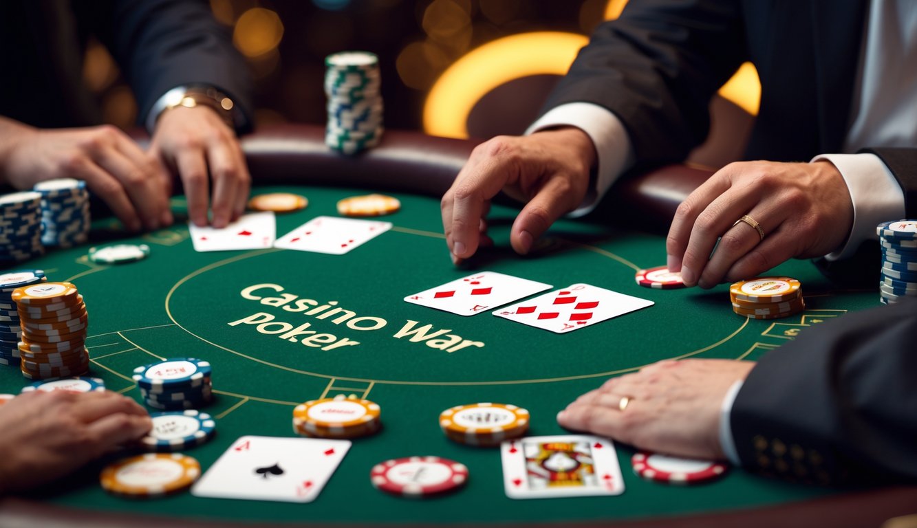 Meja kasino dengan kartu remi dan tumpukan chip poker, tangan dealer sedang membagikan kartu.