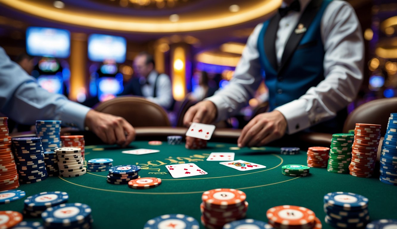 Meja poker kasino dengan chip dan kartu, dealer membagikan kartu di lingkungan kasino yang mewah.