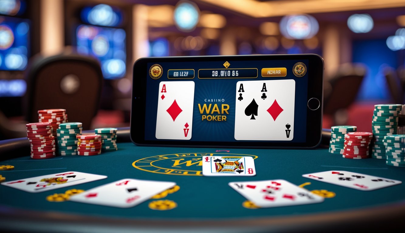 Meja poker digital dengan kartu bermain yang ditampilkan di layar komputer dalam suasana kasino online.