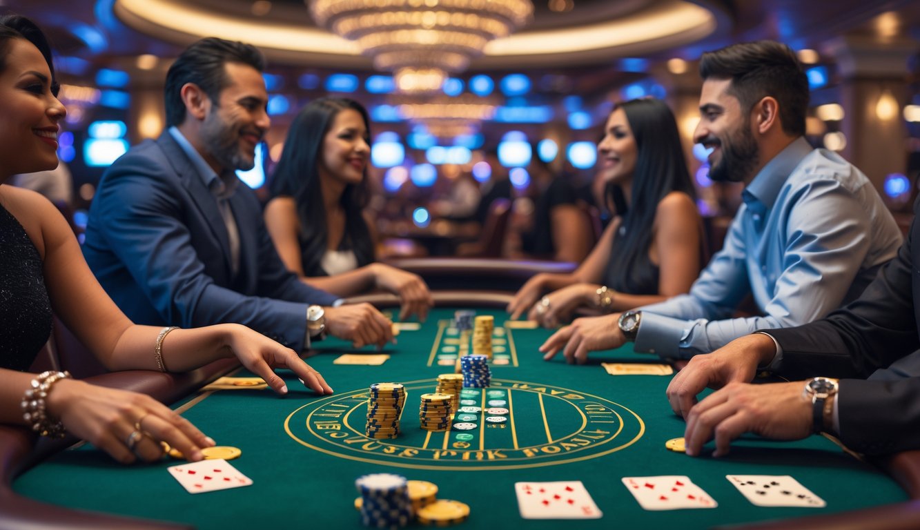 Beberapa pemain sedang bermain kartu di meja kasino dengan suasana mewah dan pencahayaan hangat.