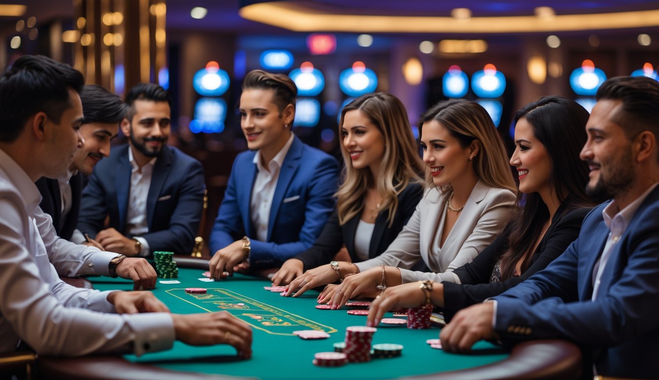 Meja poker dengan tumpukan chip dan kartu, dikelilingi oleh beberapa pemain yang fokus bermain di dalam kasino.