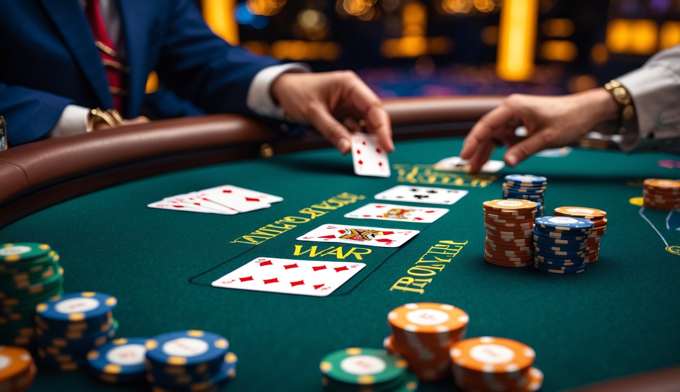Meja kasino dengan kartu poker dan tumpukan chip, dealer sedang membagikan kartu.