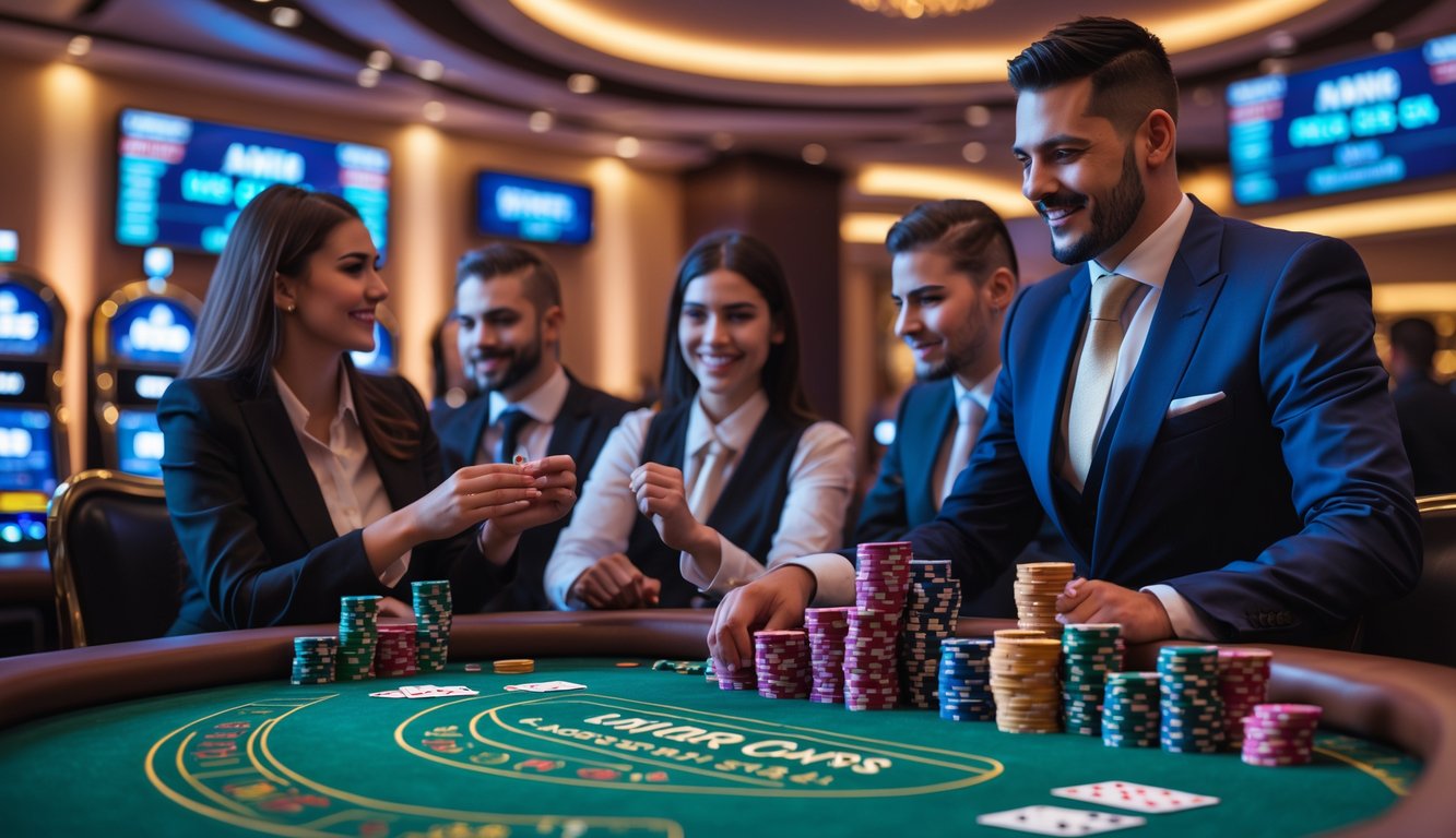 Suasana kasino langsung dengan meja poker War, dealer dan pemain yang sedang bermain kartu di meja hijau.