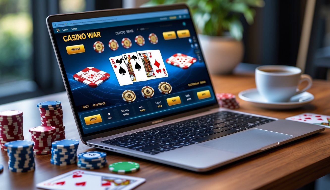 Seorang pemain sedang bermain poker Casino War online di depan laptop dengan kartu dan chip poker di meja.
