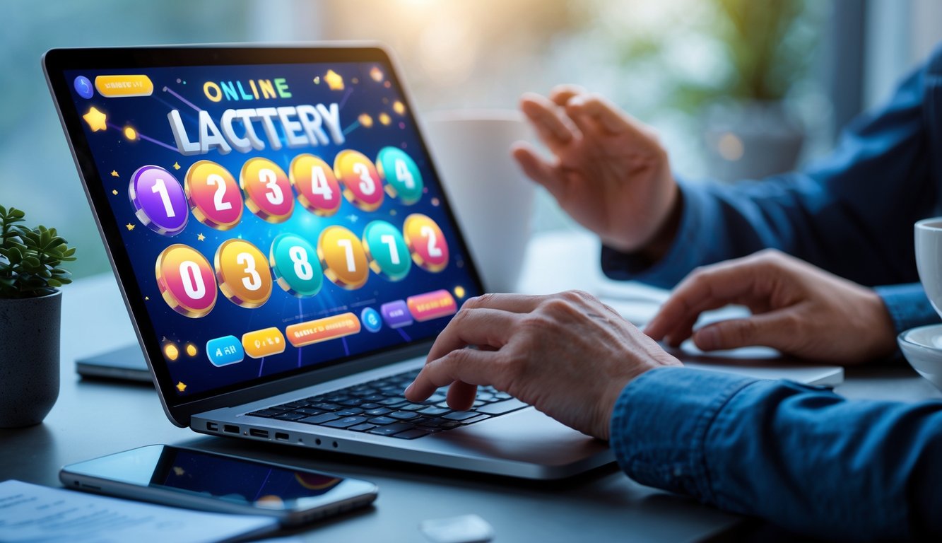 Seseorang menggunakan laptop di meja kerja dengan tampilan layar permainan lotre online yang berwarna-warni.