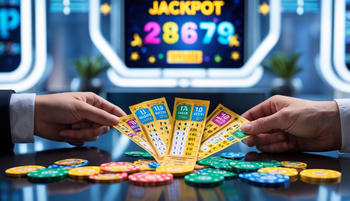 Tangan memegang tiket lotere berwarna-warni dan chip di atas meja dengan layar digital menampilkan angka jackpot di latar belakang.