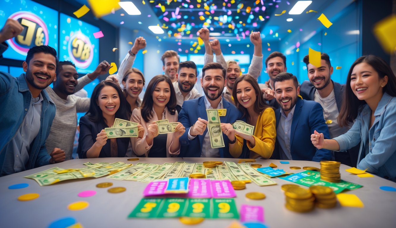 Sekelompok orang bahagia merayakan kemenangan jackpot togel di dalam ruangan dengan tiket togel, koin, dan uang di atas meja.