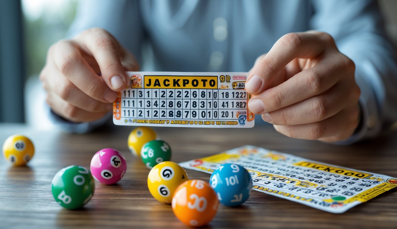 Tangan seseorang memegang tiket lotre dengan bola lotre berwarna-warni di atas meja kayu.