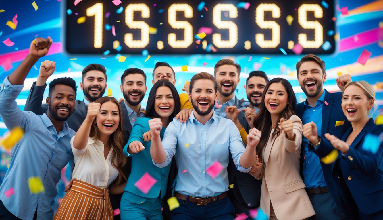 Sekelompok orang yang bahagia merayakan kemenangan jackpot togel dengan latar belakang lampu warna-warni dan layar digital besar menunjukkan angka hadiah besar.