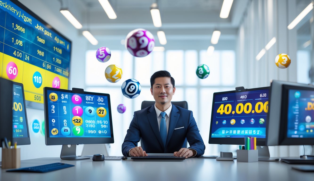 Seorang pria Asia berpakaian rapi duduk di depan komputer dengan layar menampilkan angka togel dan simbol jackpot di kantor modern.