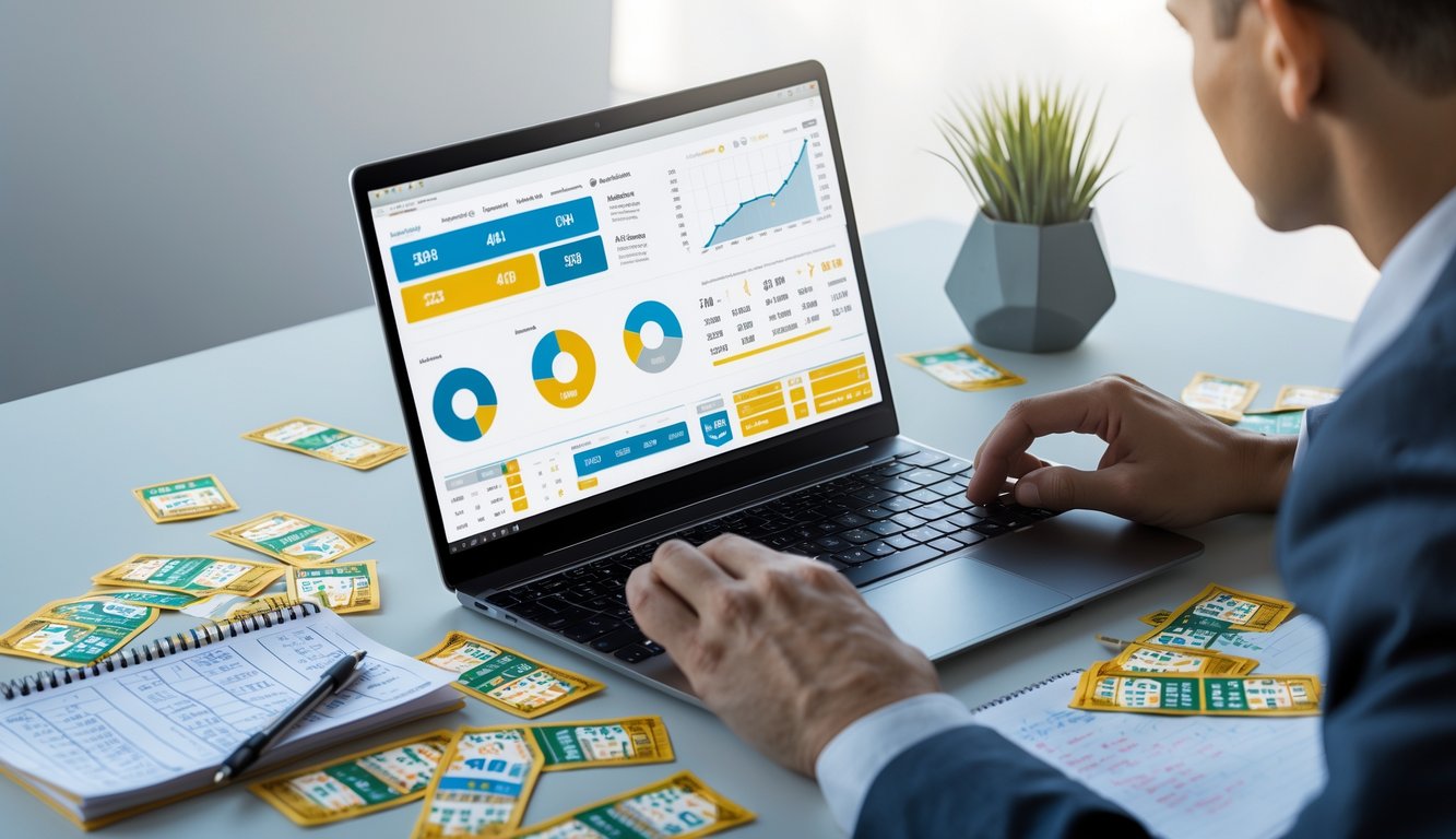 Seseorang sedang menganalisis data angka dan tiket lotere di meja kerja dengan laptop dan catatan.
