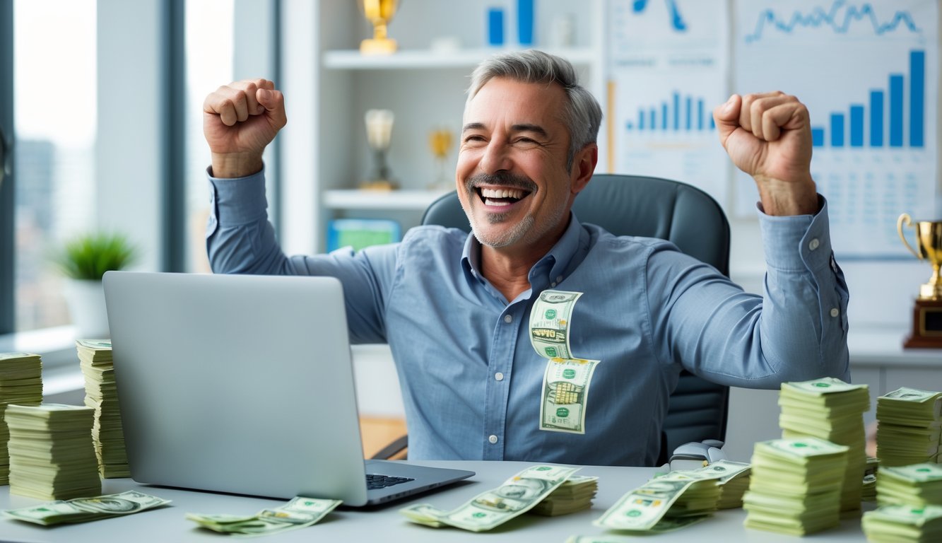 Seorang pria paruh baya yang bahagia merayakan kemenangan jackpot lotre di meja kerjanya dengan tumpukan uang dan tiket lotre di sekitarnya.