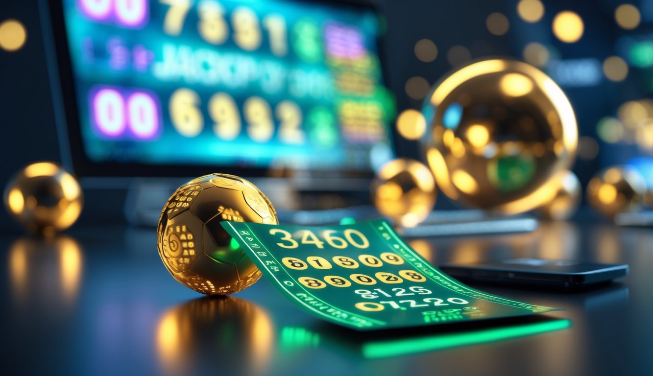 Gambar close-up tiket lotre digital dan bola lotre berwarna cerah dengan latar belakang layar komputer yang menampilkan angka lotre dan suasana penuh antisipasi.