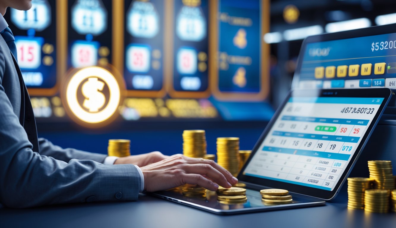 Seorang profesional sedang menganalisis data lotere dengan mesin digital dan tiket lotere di sekitarnya.