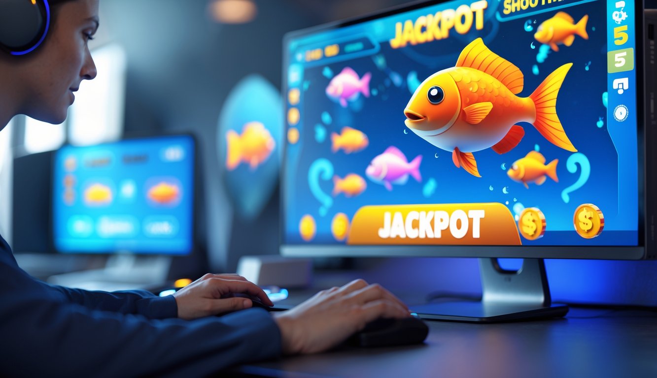 Seorang pemain menggunakan komputer dengan layar menampilkan permainan tembak ikan berwarna-warni dan ikon jackpot.