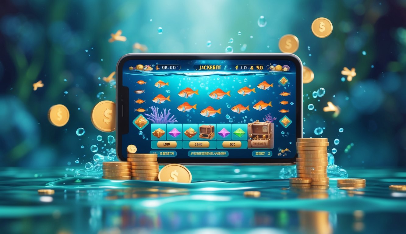 Layar perangkat menampilkan permainan ikan dengan berbagai ikan berwarna-warni dan simbol jackpot di latar bawah laut.