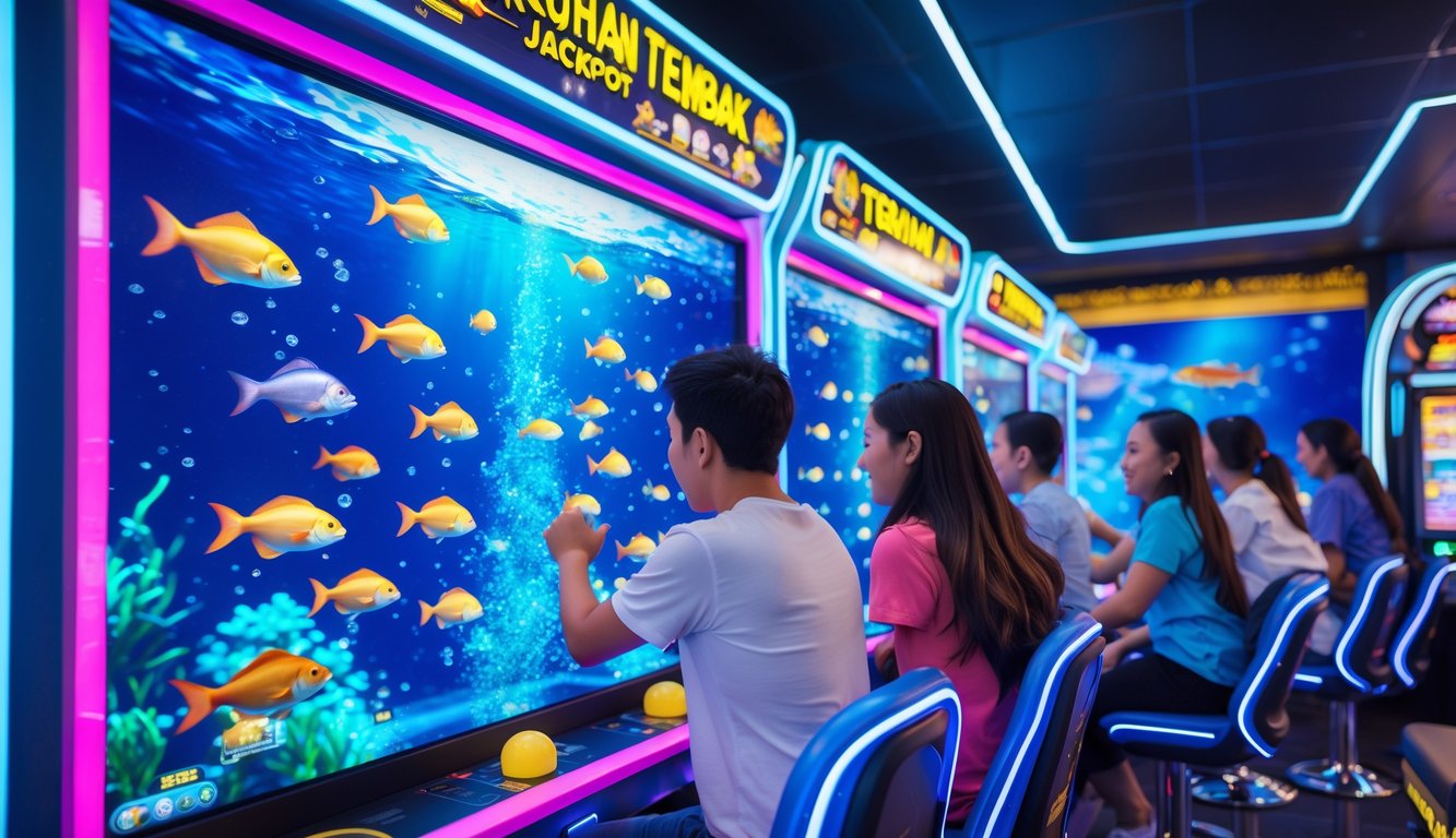 Orang-orang bermain mesin permainan tembak ikan di ruang arcade yang terang dan penuh warna.