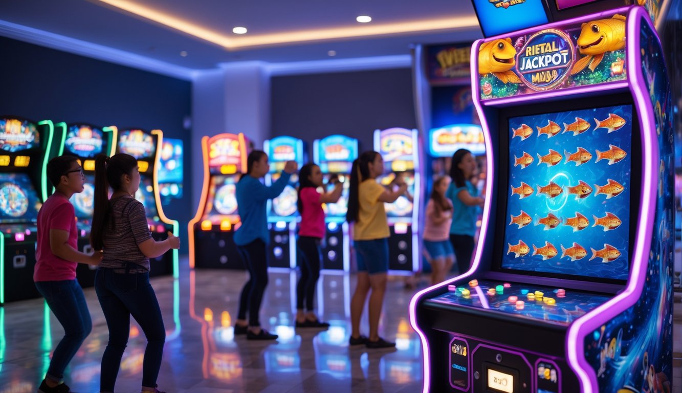 Orang-orang bermain mesin permainan tembak ikan di sebuah arcade yang terang dan ramai.