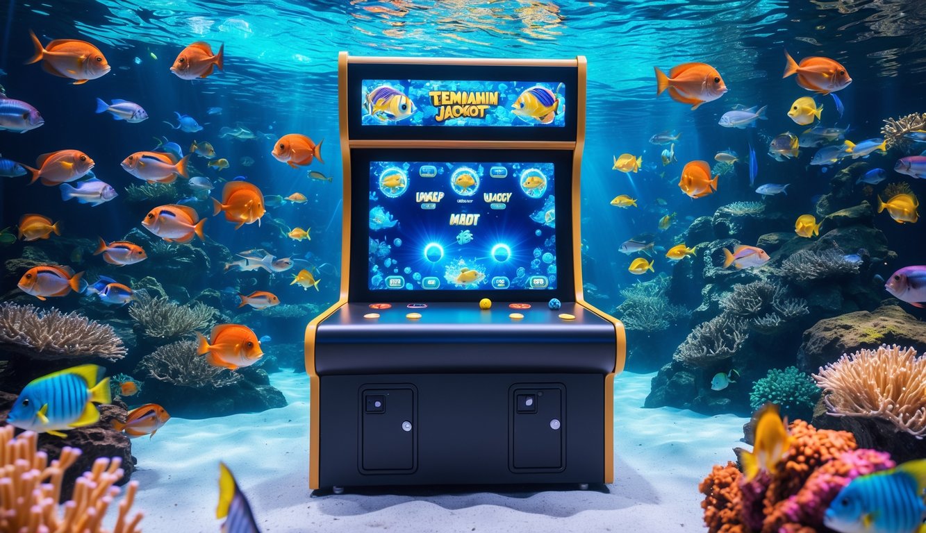 Pemandangan permainan tembak ikan dengan ikan-ikan berwarna-warni di bawah laut dan mesin permainan arcade modern.