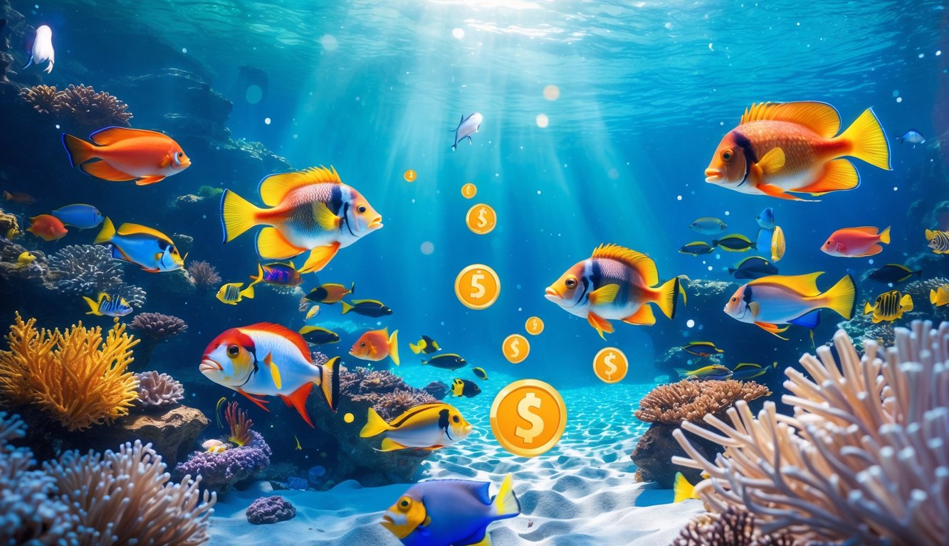 Pemandangan bawah laut dengan ikan tropis berwarna-warni berenang di sekitar terumbu karang yang diterangi cahaya matahari.