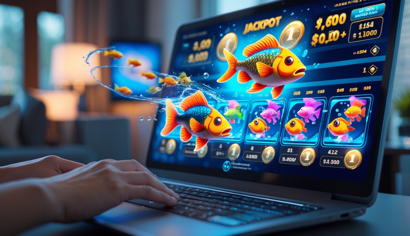 Seseorang sedang bermain permainan tembak ikan jackpot di perangkat digital dengan latar belakang ruangan yang nyaman.