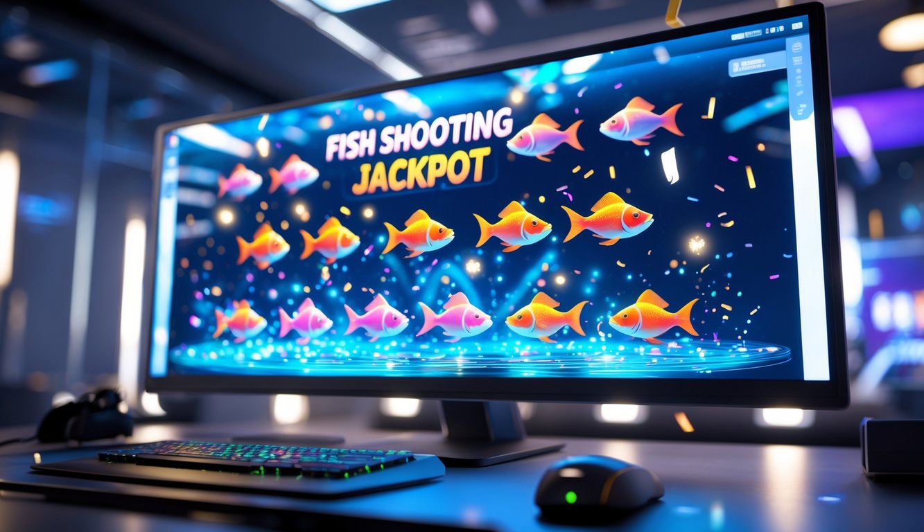 Layar perangkat digital menampilkan permainan tembak ikan dengan efek jackpot dan ikan berwarna-warni yang bergerak di layar.