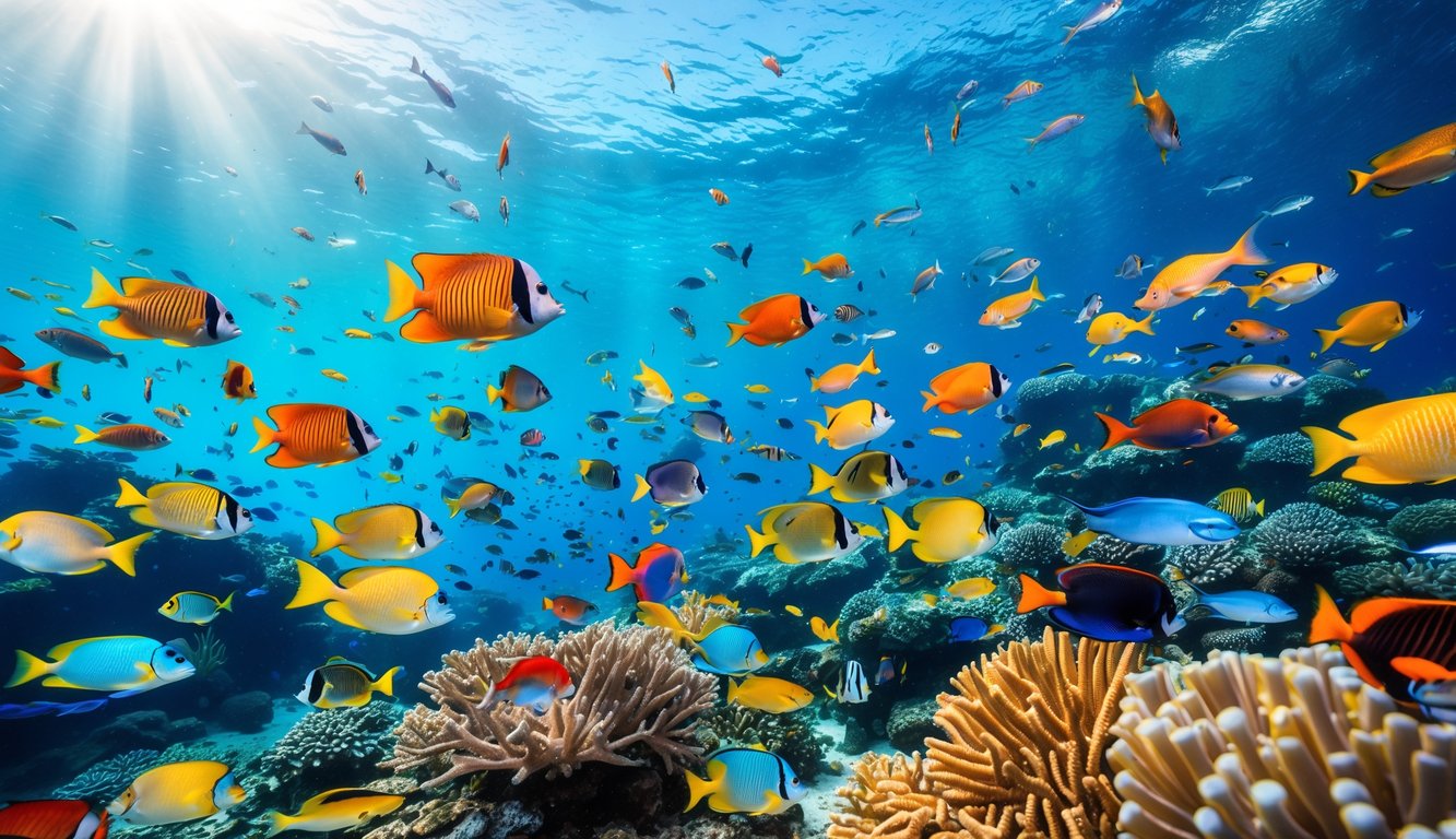 Pemandangan bawah laut dengan berbagai ikan tropis warna-warni berenang di sekitar terumbu karang yang cerah.