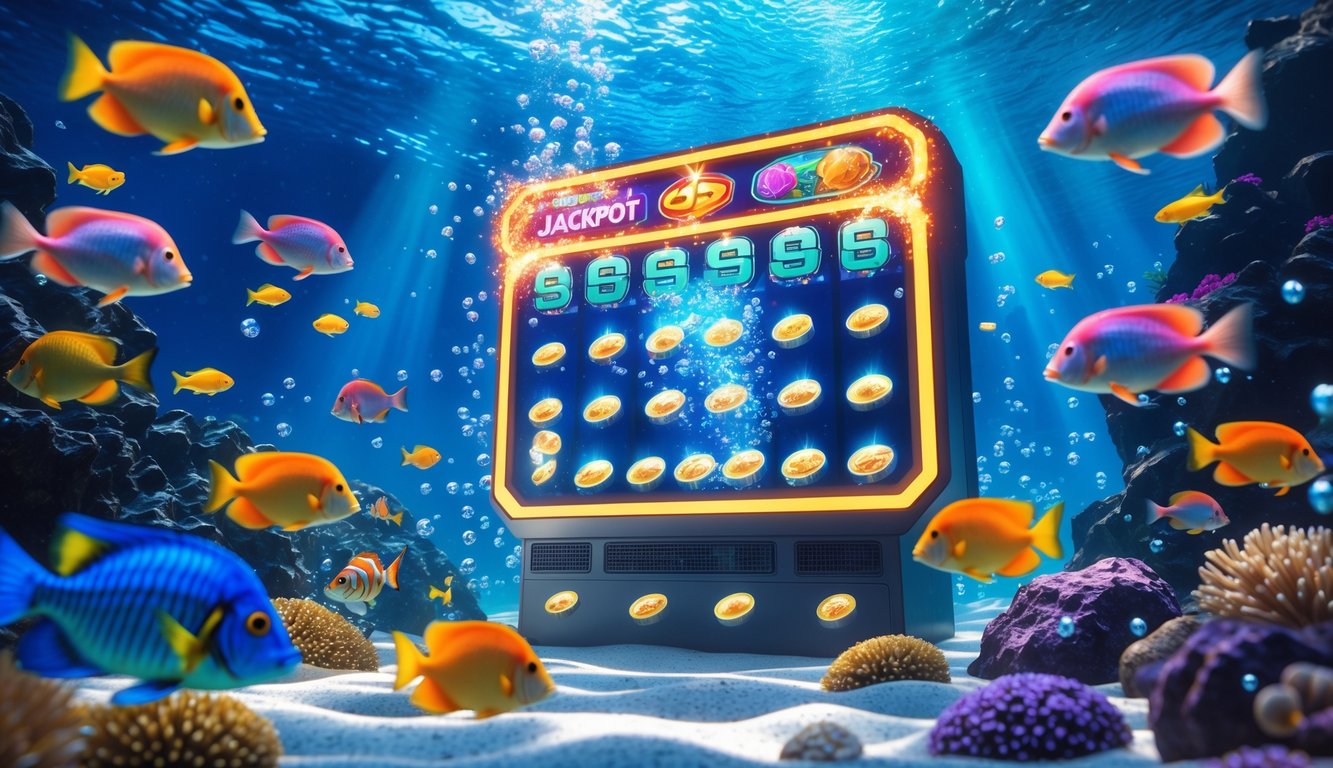 Adegan bawah laut dengan berbagai ikan berwarna-warni di sekitar layar permainan tembak ikan yang menunjukkan suasana jackpot besar.