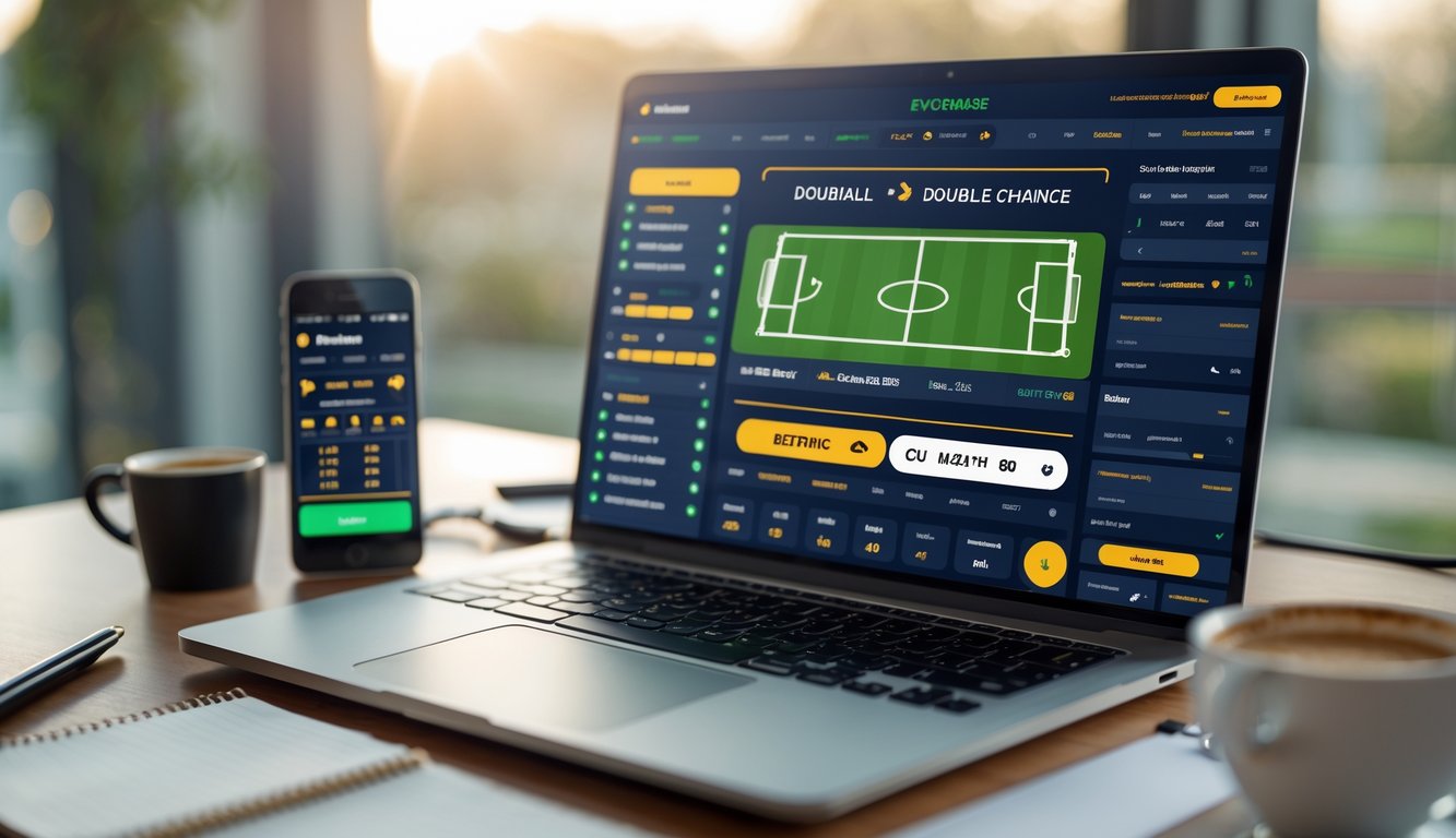 Seorang pria menggunakan laptop di meja kerja dengan tampilan antarmuka taruhan sepak bola online, dikelilingi oleh ponsel dan cangkir kopi.