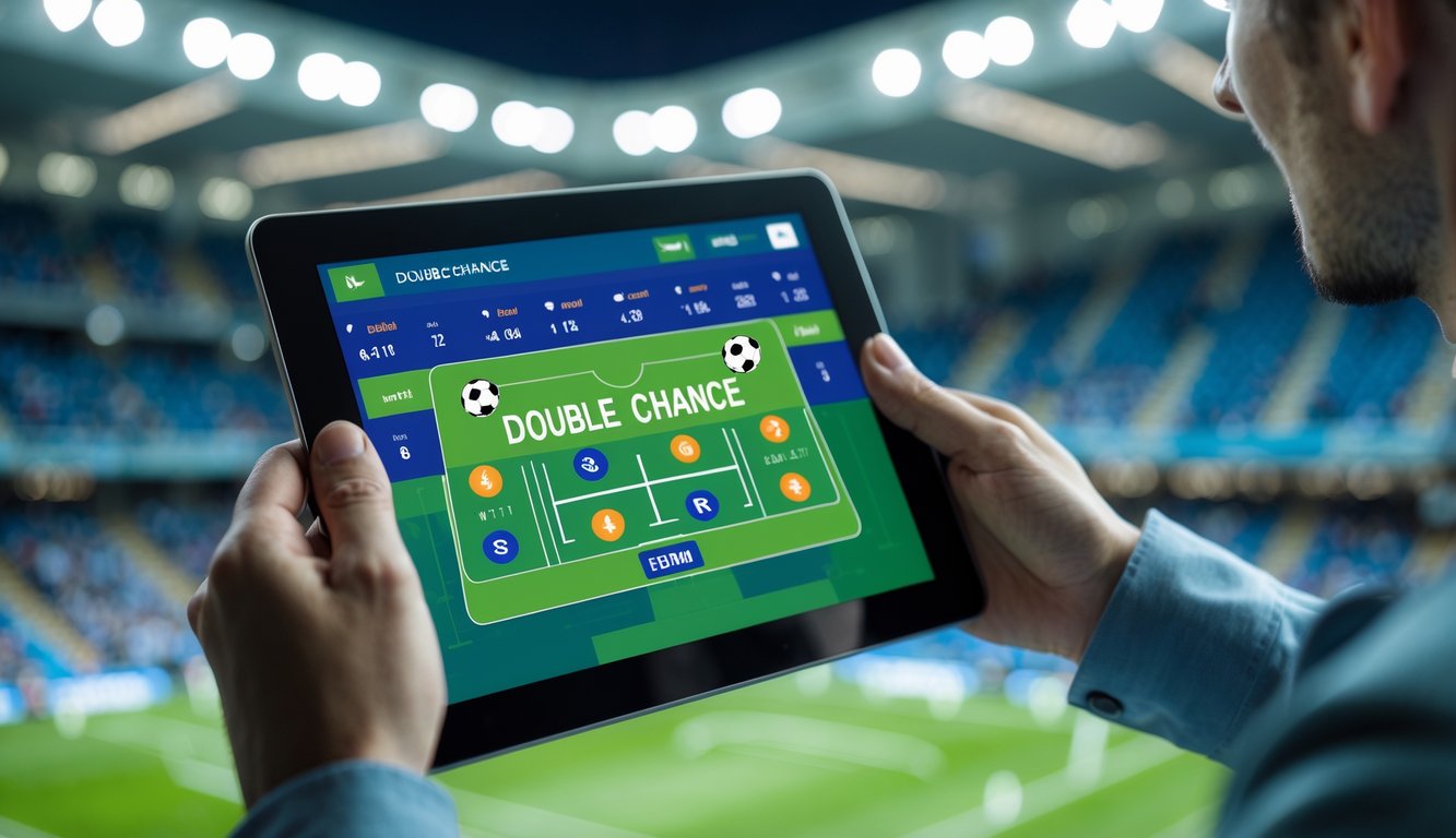 Seseorang memegang tablet yang menampilkan antarmuka taruhan sepak bola dengan pilihan double chance, dengan latar belakang stadion sepak bola dan penonton.