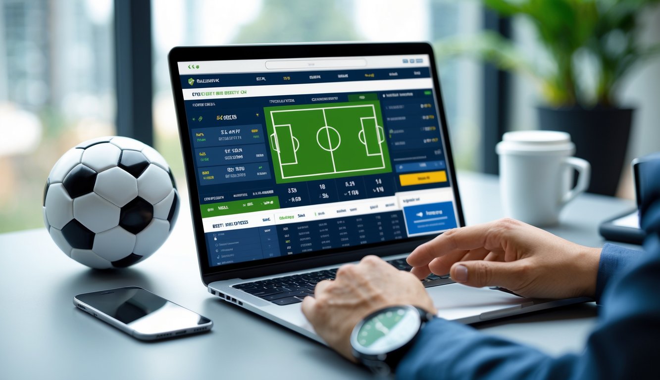 Seorang pria menggunakan laptop dengan tampilan taruhan sepak bola, bola sepak di atas meja, dan ponsel yang menampilkan skor pertandingan sepak bola.