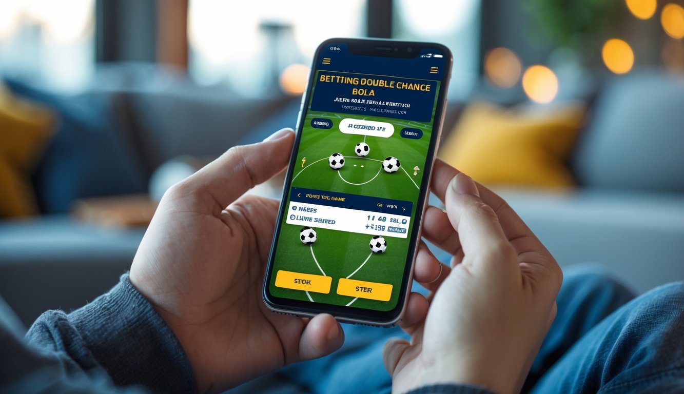 Seseorang memegang ponsel yang menampilkan aplikasi taruhan sepak bola dengan pilihan taruhan peluang ganda.