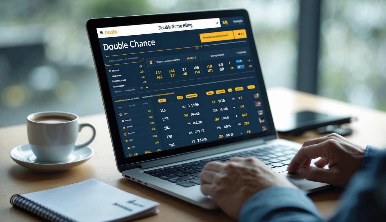 Seseorang menggunakan perangkat digital untuk memasang taruhan langsung pada pertandingan sepak bola dengan fokus pada opsi taruhan peluang ganda.