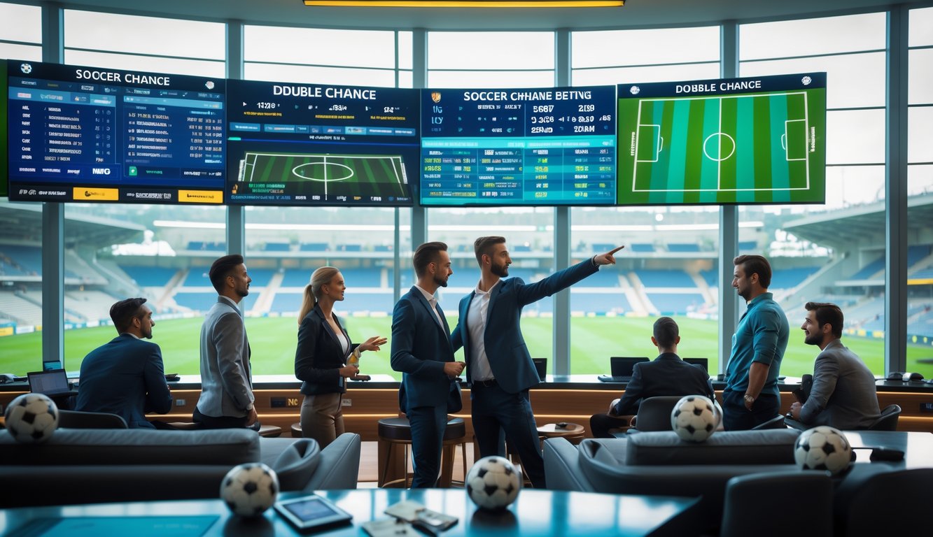 Orang-orang sedang berkumpul di ruang taruhan olahraga modern dengan layar besar menampilkan statistik dan peluang pertandingan sepak bola.