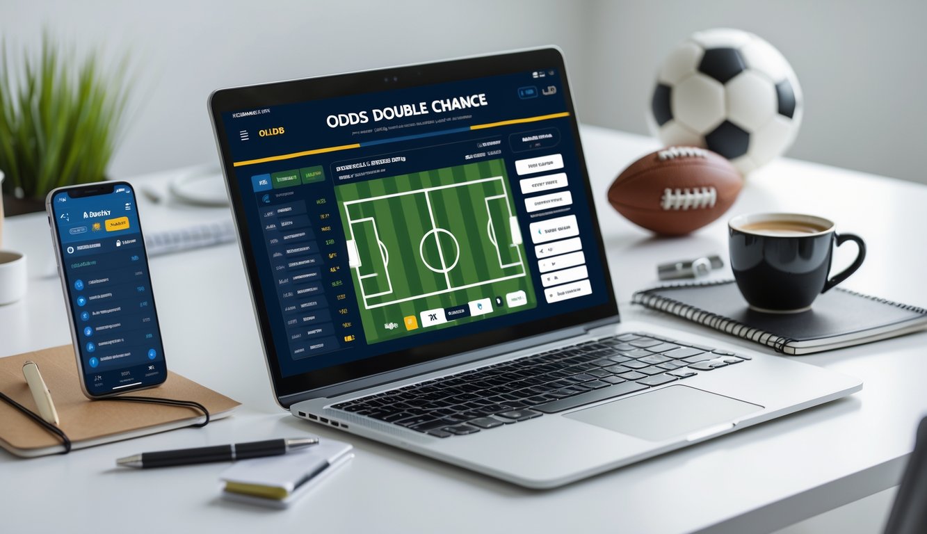 Seorang pria menggunakan laptop di meja kerja dengan tampilan situs taruhan bola online dan elemen pendukung seperti ponsel dan cangkir kopi di sekitarnya.