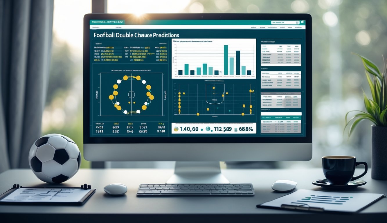 Meja kerja dengan komputer menampilkan statistik pertandingan sepak bola, bola sepak, papan taktik, dan cangkir kopi.