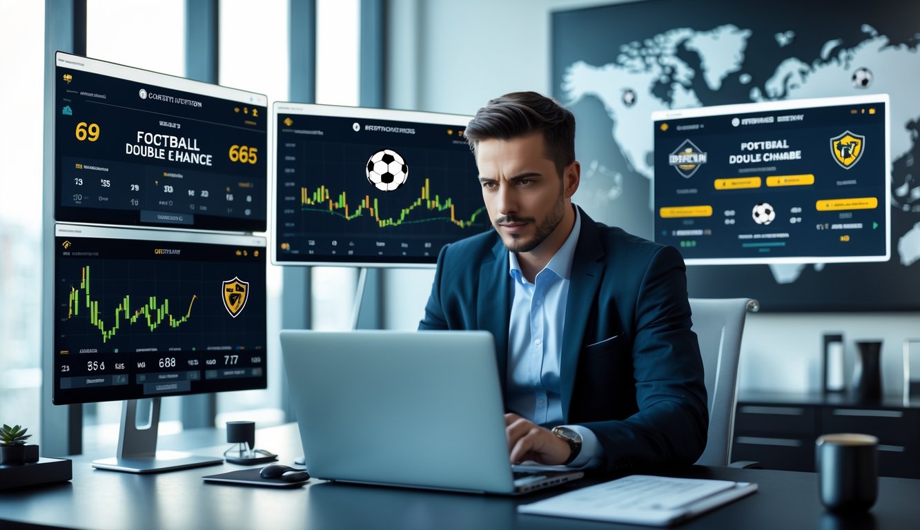 Seorang pria bisnis duduk di meja modern dengan beberapa layar digital menampilkan statistik pertandingan sepak bola dan peluang taruhan.