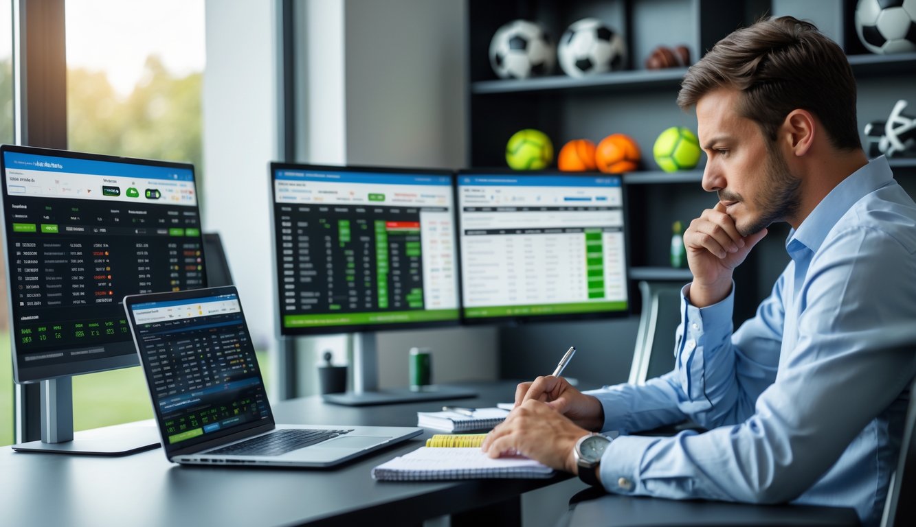 Seseorang sedang menganalisis strategi taruhan sepak bola di depan layar komputer dengan data pertandingan dan peluang taruhan.