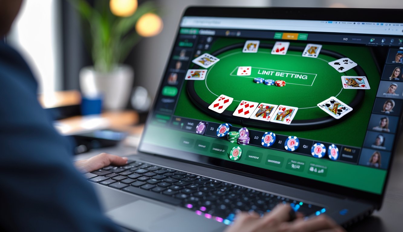Sebuah layar komputer menampilkan permainan poker Texas Hold'em online dengan kartu dan tumpukan chip di meja virtual.
