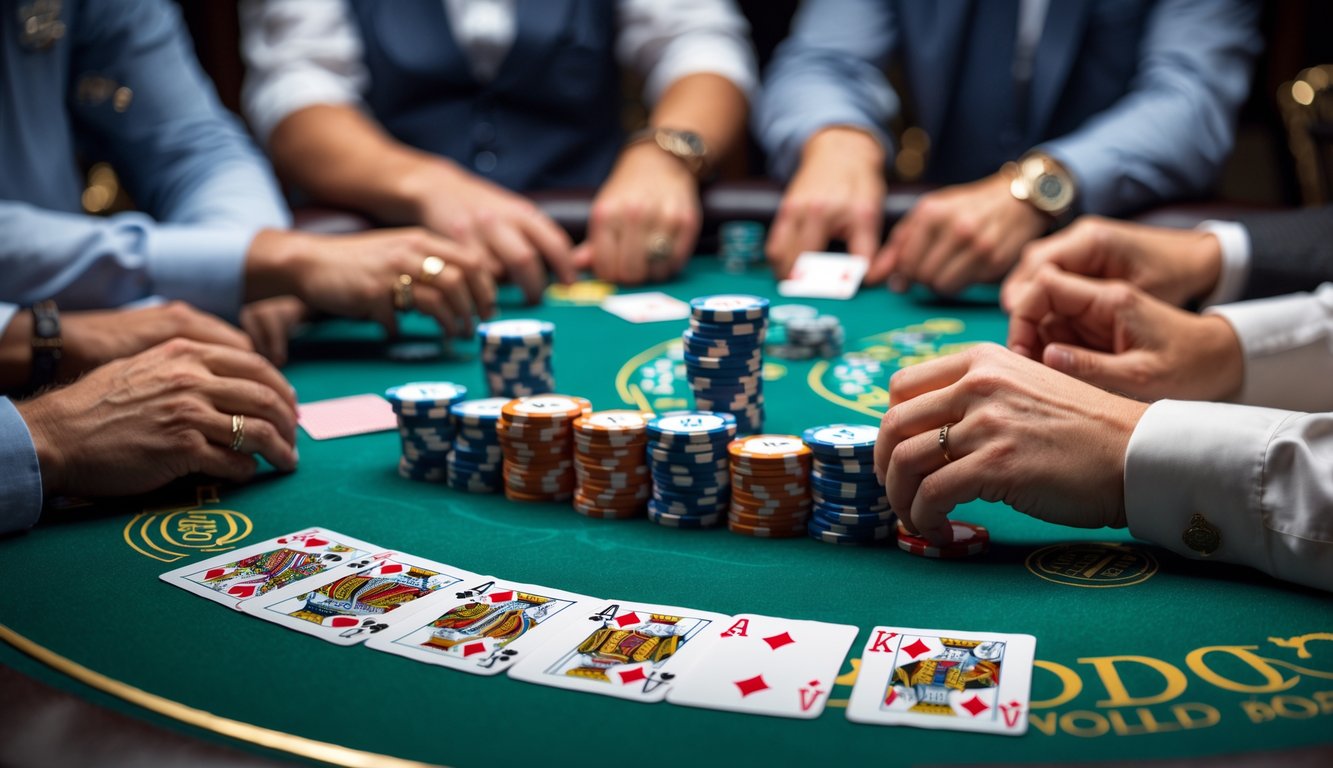 Meja poker Texas Hold'em dengan tumpukan chip dan kartu, beberapa pemain fokus bermain.