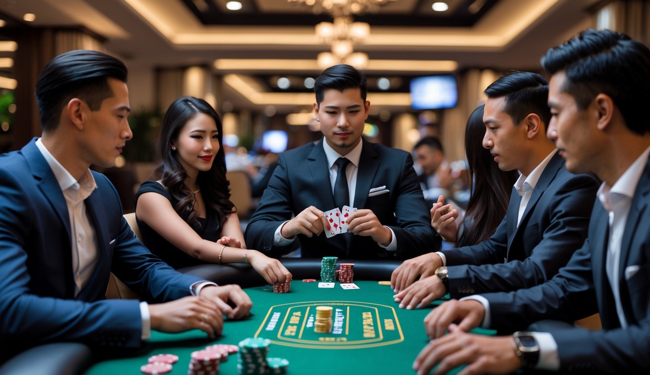 Beberapa pemain poker sedang bermain di meja poker dengan suasana kasino yang elegan dan pencahayaan hangat.
