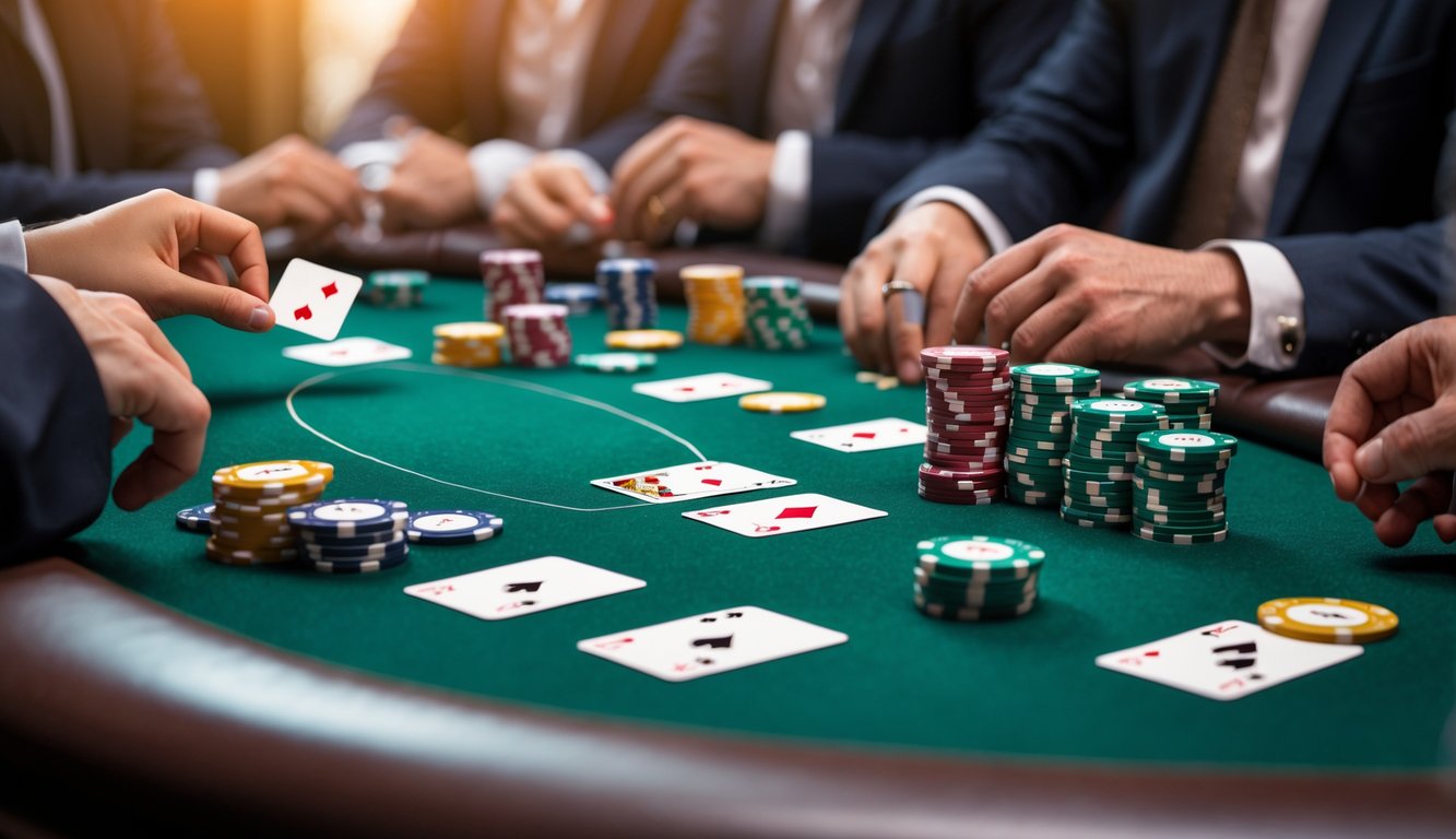 Meja poker dengan chip dan kartu yang sedang dimainkan oleh beberapa pemain.