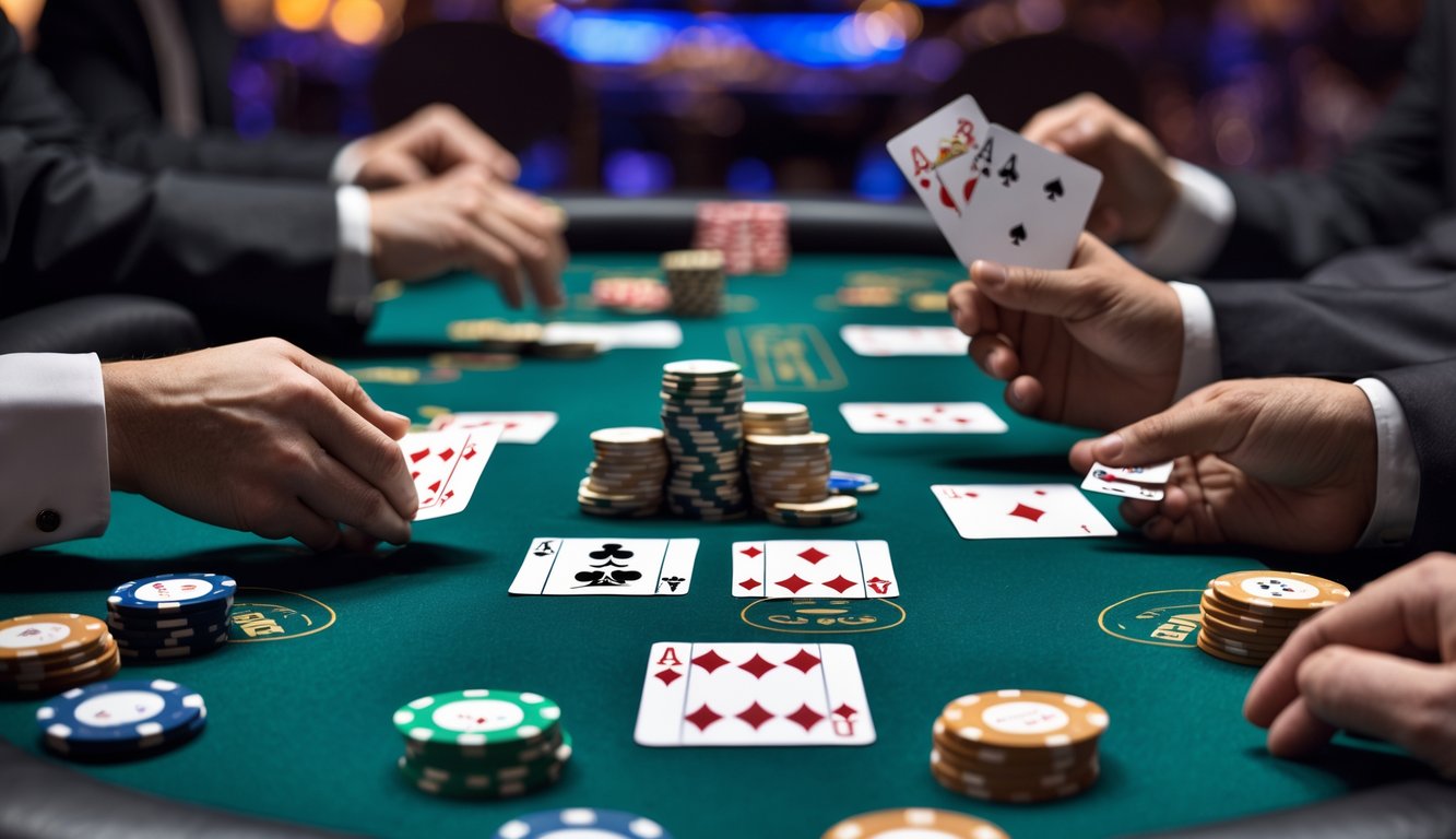 Meja poker Texas Hold'em dengan pemain yang sedang bertaruh menggunakan chip, kartu terbuka di meja, dan suasana kasino di latar belakang.