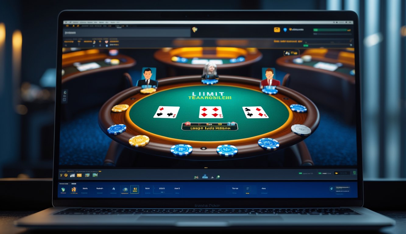 Layar komputer menampilkan permainan poker Limit Texas Hold'em online dengan tumpukan chip dan kartu di meja poker.